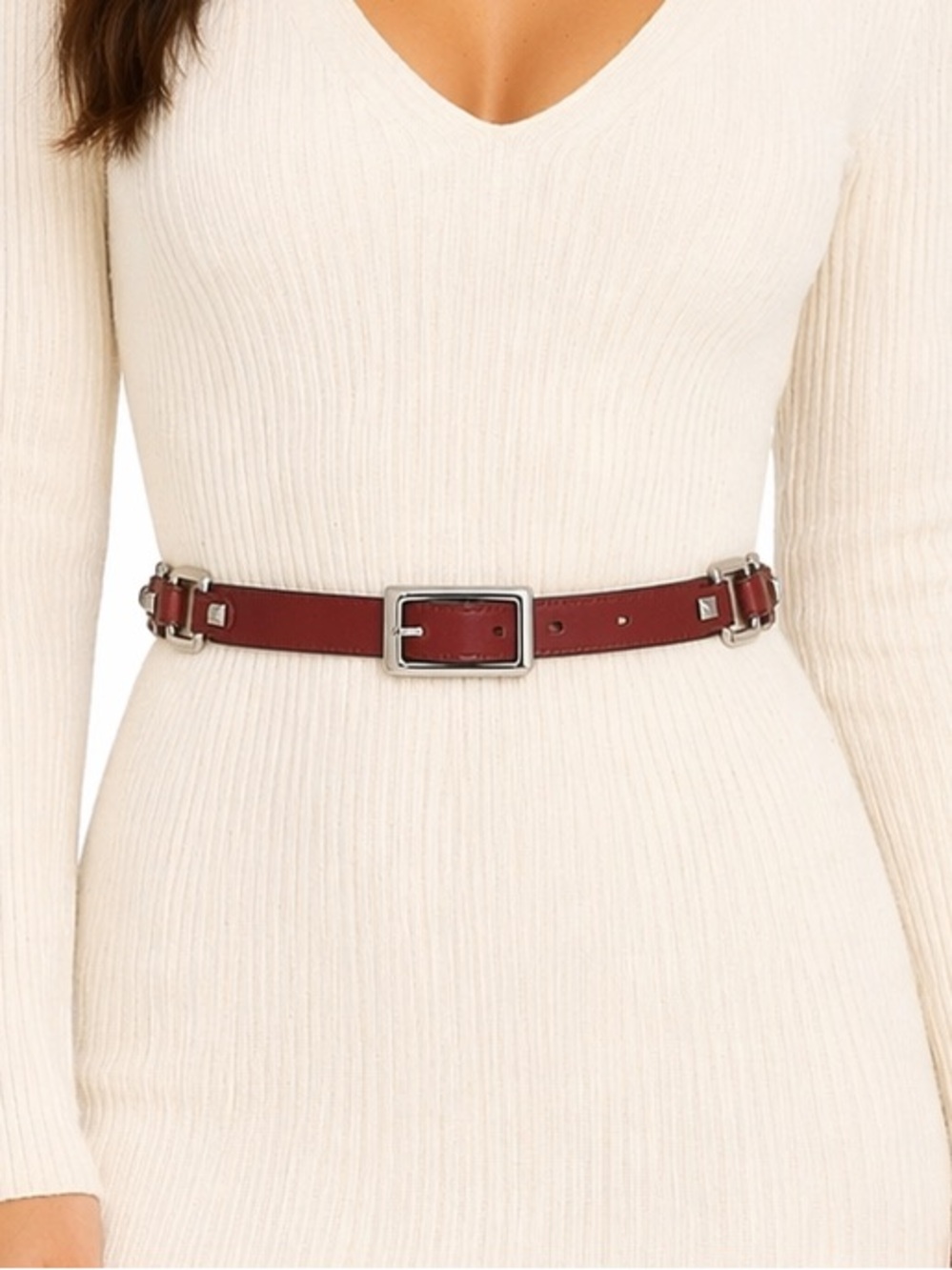 FOSSIL Women’s Red Silver Buckle Rivets Leather Belt M